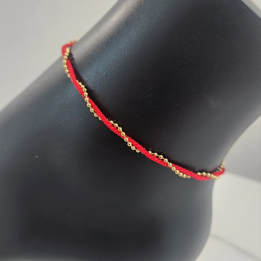 Red Rope String & Gold Beaded Twisted Anklet - Picture 4 of 13